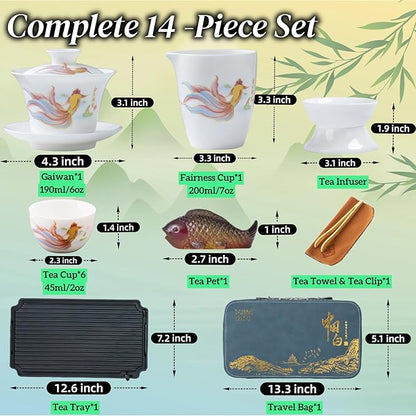 ICHAG Chinese Tea Set, Gongfu Tea Sets for Adults, China Gaiwan Teaset, 14-Piece Yangzhi Jade (茶具) Porcelain Set with Tea Pet, Portable Travel Teaset for Home, Outdoor, Office Gifts (White)