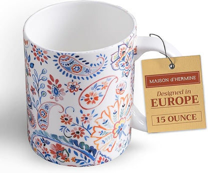 Maison d' Hermine Coffee Mug with Handles Fine Bone China Mugs Pack of One Tea Cups for Hot Beverages Cappuccino Latte Home Restaurant Office Perfect for Gift (Indian Floral - Paisley, 15 Ounce)