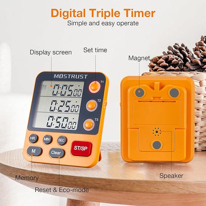 Digital Dual Kitchen Timer, 3 Channels Countdown Triple Timer for Cooking, Magnetic Memory-Preset Large Display Adjustable Alarm Volume, Multi Times Management, 3A Battery Included, Orange