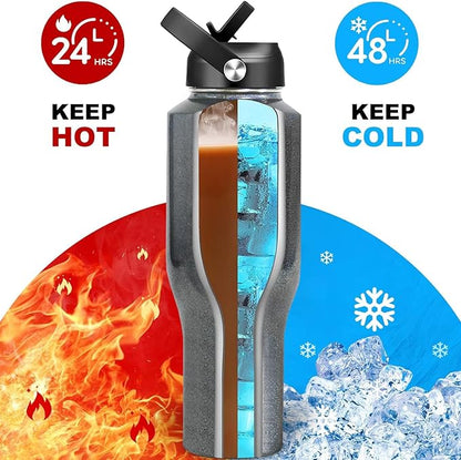 HYDROWION Water Bottle Stainless Steel,Vacuum Insulated Leak Proof Tumbler 32oz with Straw Lid, Spout Lid and Flex Cap(Cold for 48 Hrs, Hot for 24 Hrs), Fit in Any Car Cup Holder, Laser Grey