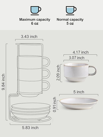 Gomakren 6 Ounce Cappuccino Cups with Saucers and Metal Stand, Stackable Coffee Cup Set of 4, Porcelain Espresso Cups for Coffee Drinks, Cappuccino, Latte, Americano, Tea, White