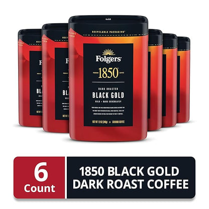 Folgers 1850 Black Gold Dark Roast Ground Coffee, 12 Ounce (Pack of 6)
