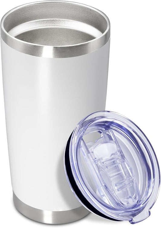 20 oz Tumbler Coffee Tavel Tumblers Bulk with Lid Stainless Steel Double Wall Vacuum Insulated Mug Powder Coated Cups fit Car Cupholder for Hot and Cold - White, 1Pack