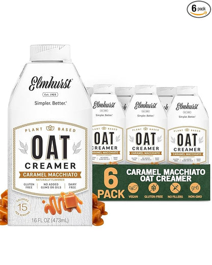 Elmhurst 1925 Caramel Macchiato Oat Creamer - 16 Ounce (Pack of 6) Dairy-Free, Vegan, Kosher, Low Sugar, Shelf Stable Creamer Made with Oat Grains & Caramel for Simpler Plant Based Alternatives
