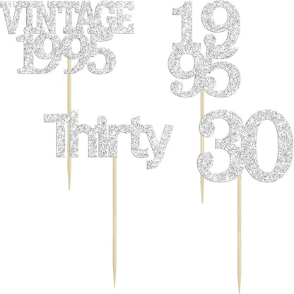 Gyufise 24Pcs Happy 30th Birthday Cupcake Toppers Glitter Thirty 30 Fabulous Vintage 1995 Cupcake Picks for 30th Birthday Wedding Anniversary Party Cake Decorations Supplies Silver