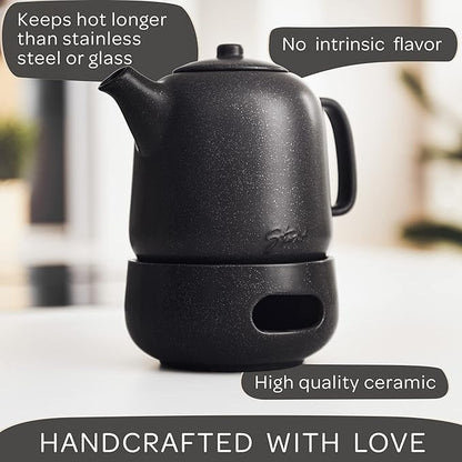 Steinzeit Design Tea Pot with Warmer (44 oz) - Premium Ceramic Teapot with Infuser for Loose Tea - Black Teapot Ceramic with Removable Steamer