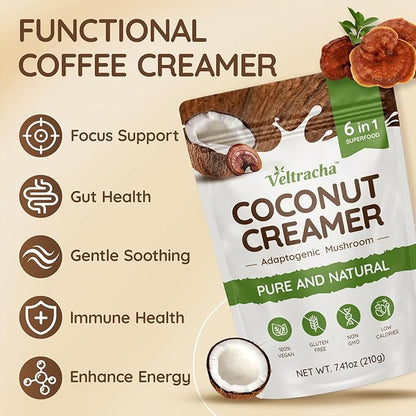 Veltracha Mushroom Coffee Creamer, Superfood Coconut Creamer Powder with 6 Adaptogenic Mushrooms - Reishi, Turkey Tail, Lions Mane, Non-Dairy Coconut Powdered Creamer for Energy & Focus & Digestion, 30 Servings