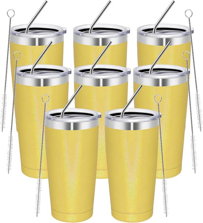 MEWAY 20oz Tumbler 8 Pack Double Wall Vacuum Insulated Travel Glitter Mug Bulk, Stainless Steel Tumblers with Lid and Straw,Powder Coated Coffee Cups for Woman(Rainbow Yellow,Set of 8)