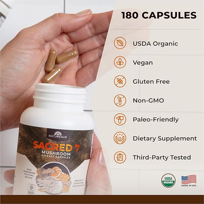 Naturealm Sacred 7 Organic Mushroom Extract Capsules - Premium 7 Mushroom Supplement with Lions Mane, Reishi, Chaga - Immune Support & Focus - 180 Vegetarian Capsules