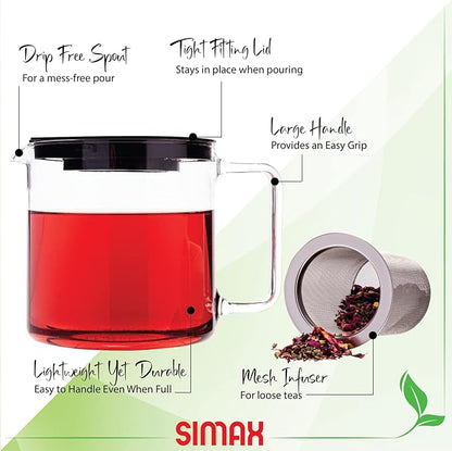 Simax Glassware 1 Quart Teapot with Metal Mesh Infuser | Plastic Lid, Microwave and Stovetop Safe, Heat, Cold, and Thermal Shock Resistant Borosilicate Glass, Makes a Stunning Presentation