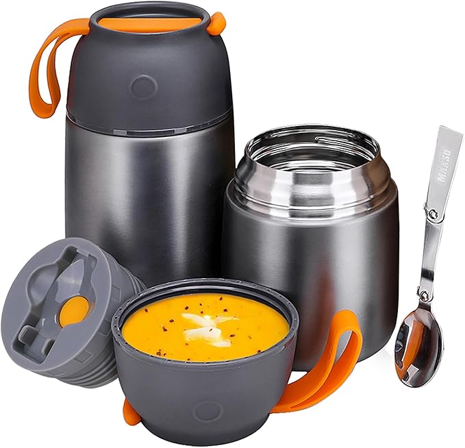 Insulated Thermo Food Jar for Hot & Cold Food for Kids Adult, 17&24 oz Soup Thermal Hot Food Containers for Lunch, Triple Layer Insulation Stainless Steel Food Jar with Spoon (2 Pack Grey)