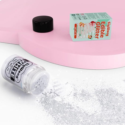 White Edible Glitter - 5g Food Grade Cake Decorating Shimmering Glitter, Edible Sprinkle Luster Dust for Drinks, Chocolates, Fondant, Strawberries, Cupcakes, Candy, Cookie - Vegan