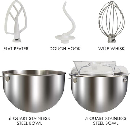 Kenmore Elite Heavy-Duty 6 Qt Bowl-Lift Stand Mixer, 600 Watts, with Flat Beater, Wire Whisk, Dough Hook, Stainless Steel Bowls, LED Light, Digital Countdown Timer, Metallic Grey