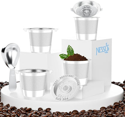 NESSUS reuse kcups for Keurig 1.0, Stainless steel reusable k cup, Metal k cups for keurig, refillable pod with Heat Resistant Handles and Coffee Scoop, NO BPA, 4 Pack