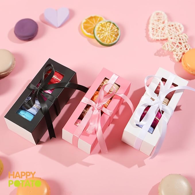 HAPPY POTATO Macaron Boxes for 4 or 5, 4×1.9×1.9 Inches, Macaron Packaging Boxes, Pink Macaron Box with Window, Macaron Container Gift Boxes with Ribbon