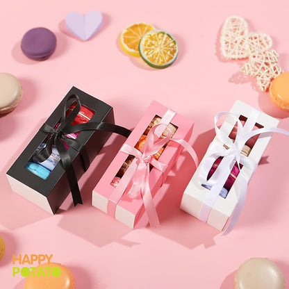 HAPPY POTATO 30 Pack Macaron Boxes for 4 or 5, 4×1.9×1.9 Inches, Macaron Packaging Boxes, White Macaron Box with Clear Window, Macaron Container Gift Boxes with Ribbon