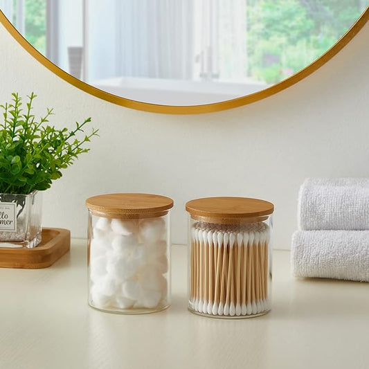 Glass Qtip Holder Dispenser with Bamboo Lid - 2 Pack Apothecary Jars - Cotton Balls Pads Swabs Holder Jar - Bathroom Vanity Canisters Jars for Countertop Storage and Organization