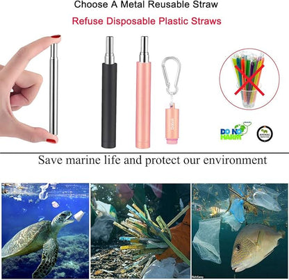 2 Pack Reusable Metal Straws Collapsible Stainless Steel Drinking Straw Travel Portable Telescopic Straw with Case for Cruise Ship Essentials Black/Rose Gold
