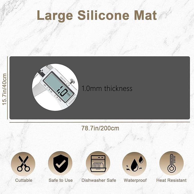 78.7"x15.7"(200cmx40cm) Large Silicone Mats for Countertop, Heat Resistant Mat, Waterproof Nonslip Silicone Kitchen Counter Mat, Nonstick Table Placemat, Multipurpose Mat, Light Gray