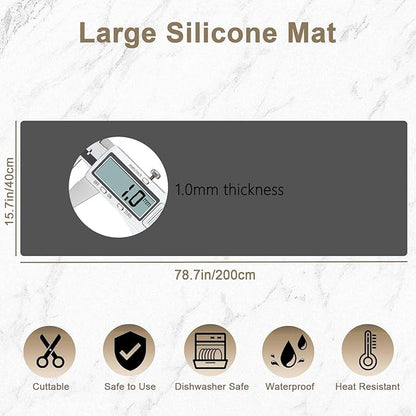 78.7"x15.7"(200cmx40cm) Large Silicone Mats for Countertop, Heat Resistant Mat, Waterproof Nonslip Silicone Kitchen Counter Mat, Nonstick Table Placemat, Multipurpose Mat, Light Gray