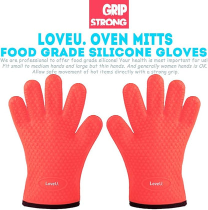 Kitchen Oven Gloves - Dual-Layer Heat Resistant Grilling Gloves, Silicone Oven Mitts with 5 Fingers, Waterproof Non-Slip Pot Holder for Barbecue, Cooking, Baking (Red)