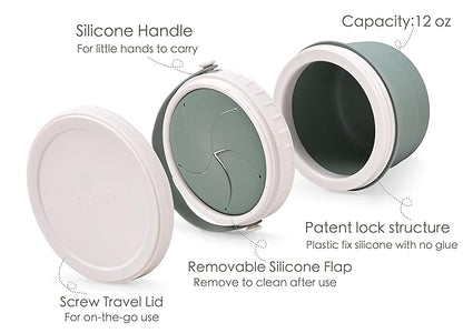 No Spill Silicone Toddler Snack Containers, Detachable Silicone Flap for Filling&Cleaning, Crumb-Free Hard Plastic Screw Travel Lid, Ultra-Soft for Baby Kids Hand In-Out, Snack Cup Holder 12 oz