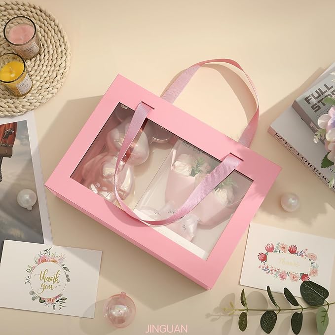 Pink Gift Box with Window, Clear Magnetic Gift Box with Handle for Present, Bridesmaid Proposal Box (10.5x7.5x3 Inches