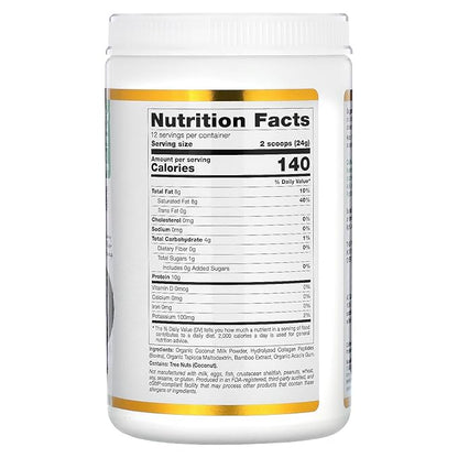 California Gold Nutrition Superfoods, Collagen Coconut Creamer with Organic Coconut Milk Powder, Hydrolyzed Collagen Peptides, Organic Tapioca Maltodextrin, and Bamboo Extract, Unsweetened, 10.2 oz