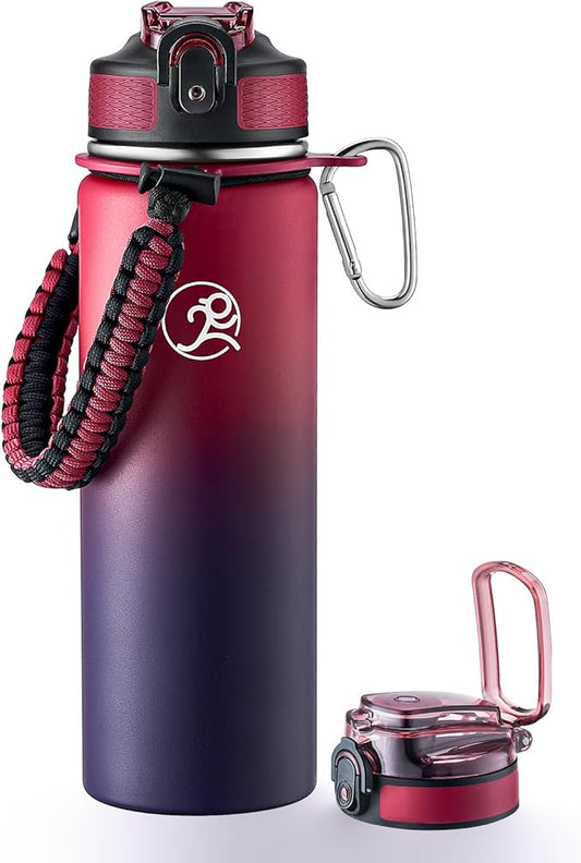 GOSWAG Insulated Sports Water Bottle, 24oz 2 Lids(with Straw/No Straw), Stainless Steel Water Bottles with Paracord Handle, Insulated Bottle with Double-Wall Vacuum Insulation