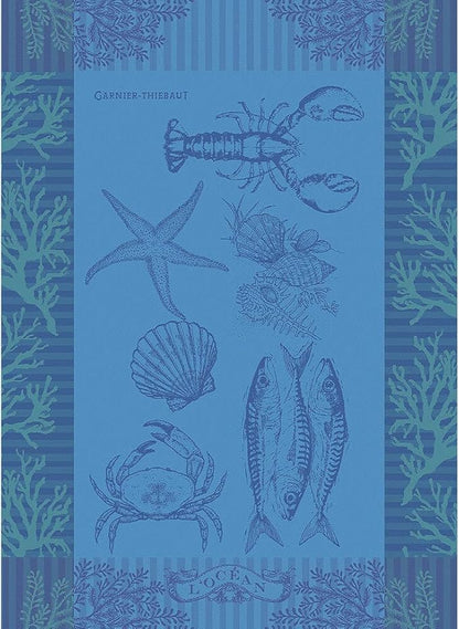 Garnier Thiebaut L'Ocean Bleu (The Blue Ocean) French Kitchen Towel 22"x30", Cotton, Jacquard