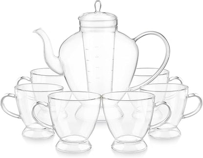 Teabloom Grand Bouquet Borosilicate Glass Tea Set for Six – Elegant 50oz Teapot with Microdot Infuser & Six 8oz Teacups – A Pure & Immersive Tea Experience – Tea Purist's Choice