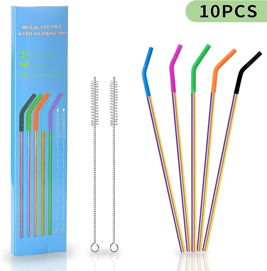 Lazycorner 10 Pcs Metal Straw Reusable 8.5" 6mm Stainless Steel Straws,20oz-32oz, Colorful Drinking Straws with Silicone Tips, 4 Straw Cleaner Brush, 1 Travel Case