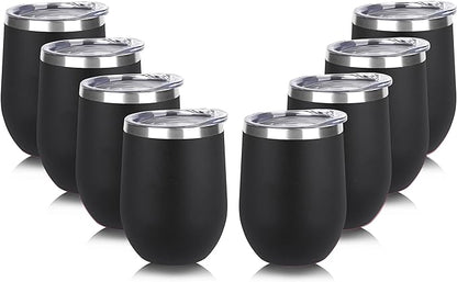 DOMICARE Stainless Steel Wine Tumbler Bulk with Lid, Personalized Insulated Tumblers Set, 12oz Travel Coffee Cups Pack of 8, Black