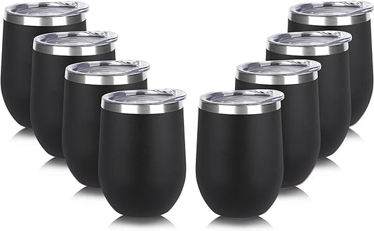DOMICARE Stainless Steel Wine Tumbler Bulk with Lid, Personalized Insulated Tumblers Set, 12oz Travel Coffee Cups Pack of 8, Black