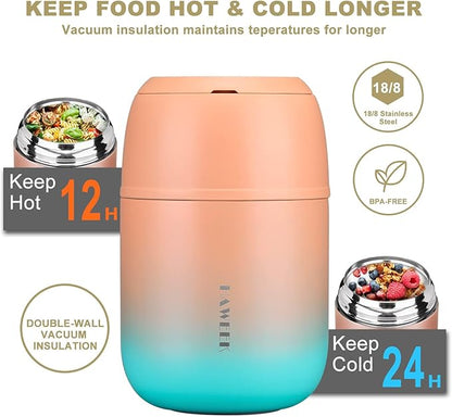 Insulated Food Container 17 oz Soup Thermo for Hot Food Adults, Stainless Steel Vacuum Lunch Box with Folding Spoon, Adult Kids Thermo Portable with Handle for School, Office, Outdoor