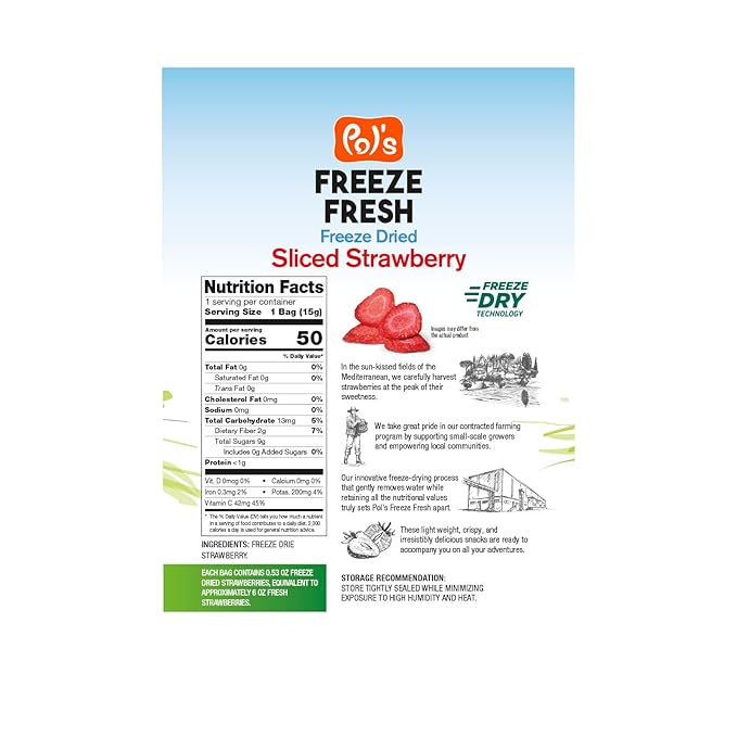 Pol’s Freeze Fresh - 12 Pack Sliced Freeze-Dried Strawberries (0.53 Oz Each), No Sugar, Non-GMO, Kosher, Vegan, Gluten-Free, Single-Serve Packs
