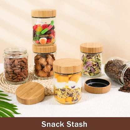 OcePor 4 Pack 16oz Glass Jars with Bamboo Lids, Over Night Oats Container with Airtight Lid, Glass Snack Storage Salad Jars For Food, Yogurt, Sugar and Flour,Coffee Bean, Cookie, Cereal