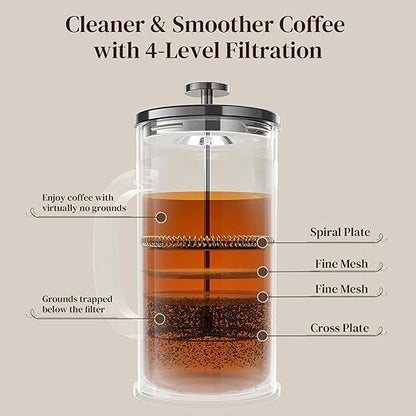 Veken French Press Coffee Maker 34oz,No Plastic Touching Cafe,Thickened Borosilicate Glass Stainless Steel Brewer,Cold Brew Cafetera Teapot for Kitchen Travel Camping,Gifts,Bar Accessories,Dark Pewter