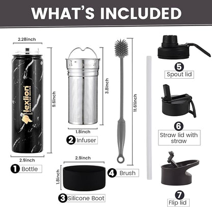 lexlion Tea Infuser Bottle - Fruit Infuser Water Bottles 22 Oz, Triple Walled Insulated Stainless Steel Bottle, Thermal Leaf Infuser, Silicone Sleeve, 3 Lids Leakproof, Metal Mug Gallon