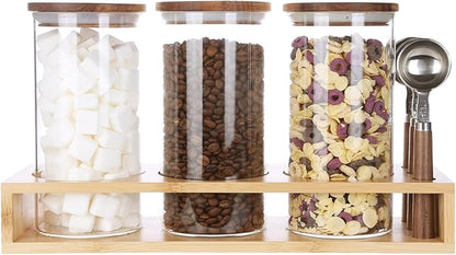 KKC HOME ACCENTS Sealed Glass Containers with Airtight Wood Lids and Scoops for Kitchen Counter,Sealed Jars for Flour,Brown Sugar,Loose Leaf Tea,Coffee Bean or Ground Coffee,39 Fluid-oz