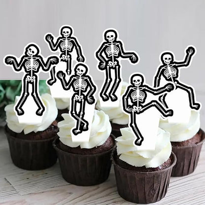 Dancing Skeleton Halloween Cupcake Toppers 48PCS Black Skull Party Cake Decorations Skeleton Cupcake Picks Halloween Birthday Party Decorations for Horror Theme Party Baby Shower Supplies
