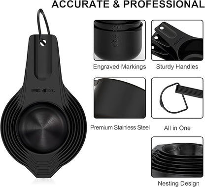 Stainless Steel Measuring Cups, Wildone Metal Measuring Cups Set with Easy to Read Markings for Measuring Dry or Liquid Ingredients, Set of 7 (Black)