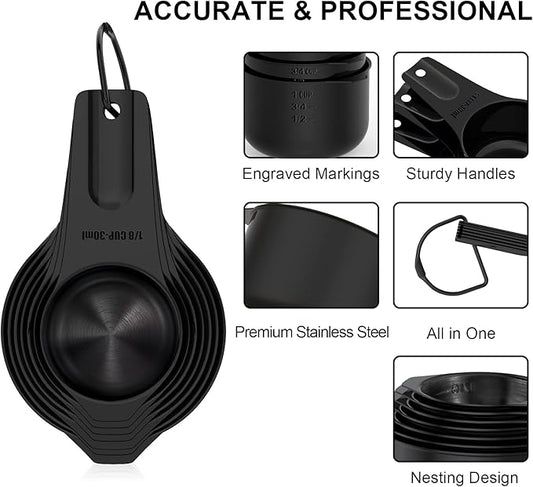 Stainless Steel Measuring Cups, Wildone Metal Measuring Cups Set with Easy to Read Markings for Measuring Dry or Liquid Ingredients, Set of 7 (Black)