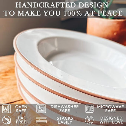 Mora Ceramic Wide Rimmed Soup Bowl 25oz, Set of 4 - For Pasta, Italian, Spaghetti, Dipping Bread, Fancy Dinner etc. Large Plate/Bowls Hybrid For Everyday & Restaurant Use, Large Flat Rim - Vanilla