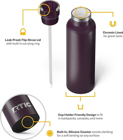 RTIC 20oz Journey Bottle Metal Stainless Steel Vacuum Insulated, BPA Free, Reusable, for Water, Hot and Cold Drinks, Travel, Sports, Camping, Plum