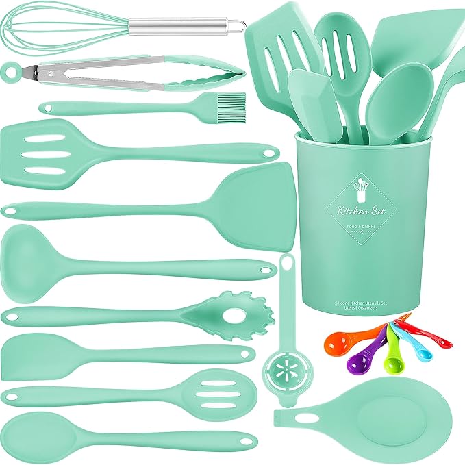 18 Pcs Cooking Utensils Set, Kitchen Utensils Set with Utensil Holder, 446°F Heat Resistant Silicone Spatula Set, Kitchen Gadgets Tools Set for Nonstick Cookware BPA FREE
