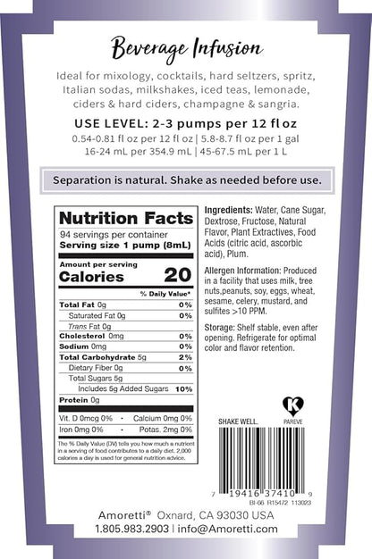 Amoretti - Plum Beverage Infusion, 94 Servings Per Bottle (750 ml) - Drink Mix & Water Enhancer with Pump for Flavoring Cocktails, Waters, Teas, and other Beverages, Preservative Free