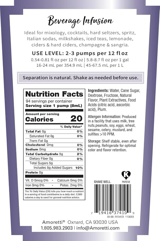 Amoretti - Plum Beverage Infusion, 94 Servings Per Bottle (750 ml) - Drink Mix & Water Enhancer with Pump for Flavoring Cocktails, Waters, Teas, and other Beverages, Preservative Free