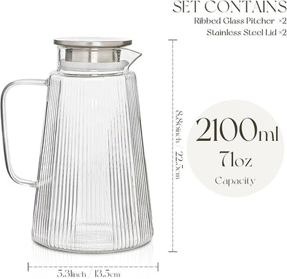 [2 Pack] Ribbed Glass Pitcher Set – 71oz Heat-Resistant Beverage Jugs with Lid for Water, Iced Tea, Juice, Coffee – Large Borosilicate Carafes for Hot & Cold Drinks, Elegant Serving Pitchers
