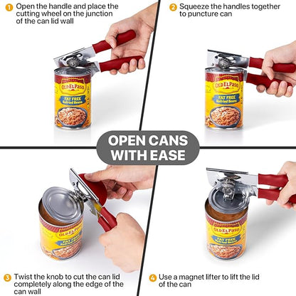 Can Opener Manual Heavy Duty, UHIYEE Hand Held Can Openers for Seniors with Comfort Grip Sharp Blade, Solid Steel Hand Manual Can Open with Magnet for Kitchen Camping, Red